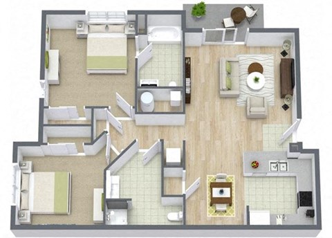 Floor plan for 2 beds, 2 baths, 897 sqft